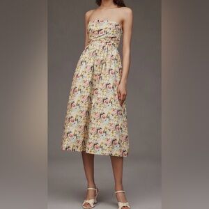 NWT EN SAISON CAIRO STRAPLESS FLORAL MIDI DRESS COTTON LINED TIE BACK L